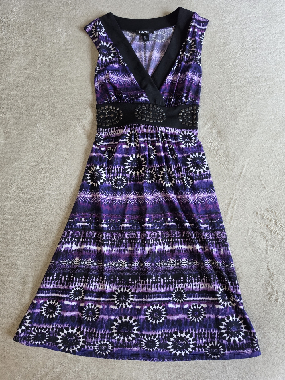 Iz Byer Purple and Black Patterned V-Neck Midi Dress